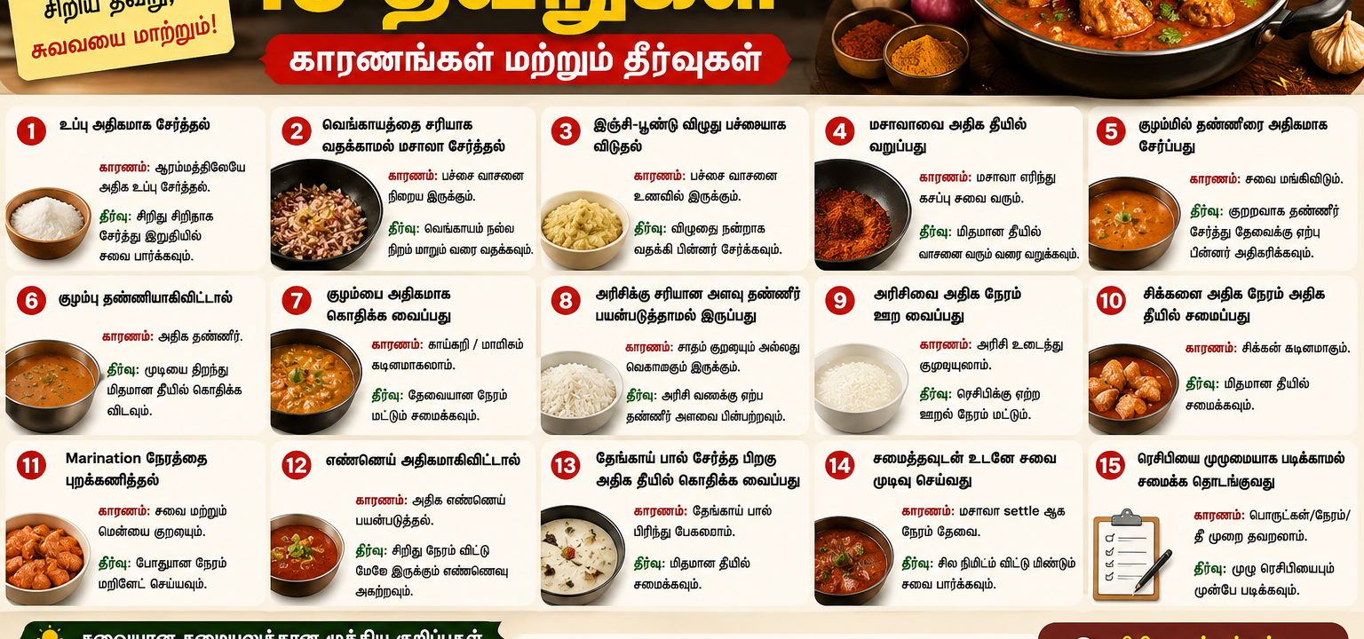 சமையலில் அடிக்கடி செய்யும் தவறுகள்: 15 பொதுவான தவறுகளும் தீர்வுகளும்