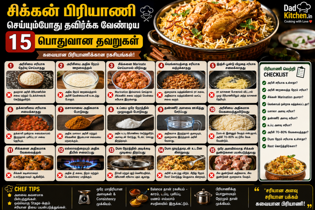 சிக்கன் பிரியாணி செய்யும்போது தவிர்க்க வேண்டிய 15 பொதுவான தவறுகள் – அரிசி, மசாலா, தண்ணீர், Dum மற்றும் சிக்கன் பக்குவம் குறித்த Chef Tips.