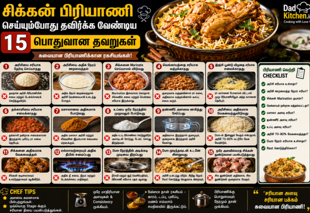சிக்கன் பிரியாணி செய்யும்போது தவிர்க்க வேண்டிய 15 பொதுவான தவறுகள் – அரிசி, மசாலா, தண்ணீர், Dum மற்றும் சிக்கன் பக்குவம் குறித்த Chef Tips.